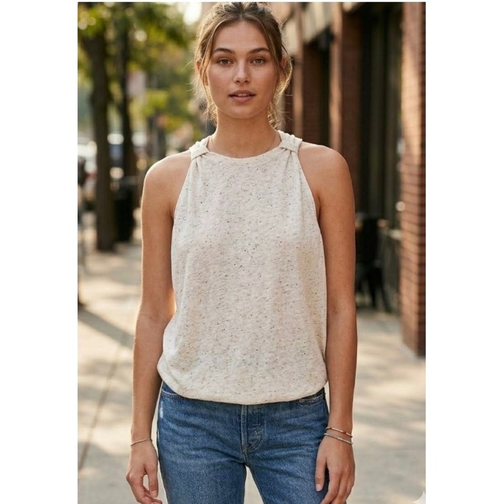 Hem & Thread Cream Oatmeal Twisted Halter Open Draped Back Bubble Hem Tank Top S
